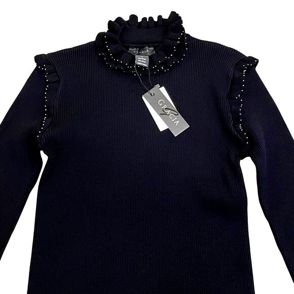 Gracia Stud Trim Ruffle Neck Black Sweater L | Y2K Glam, Beaded Holiday Knit NWT - Picture 5 of 6